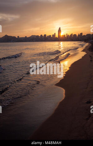 Golden sunset on the Poniente beach in Benidorm Stock Photo