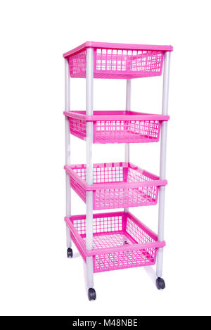 Pink bin rack shelf with wheels isolated on white Stock Photo