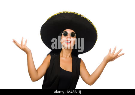 Young mexican woman wearing sombrero isolated on white Stock Photo