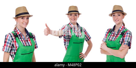 The collage of woman wearing green coveralls isolated on white Stock Photo