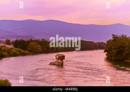 House on rock island in river Drina - Serbia Stock Photo