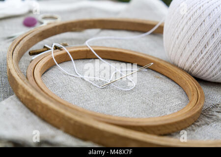 Set for embroidery, garment needle and embroidery hoop Stock Photo