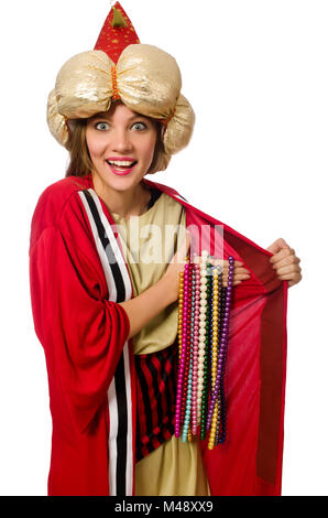 Woman wizard in red clothing isolated on white Stock Photo