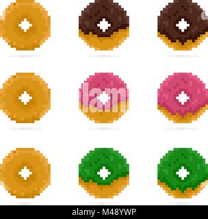 Vector colored donuts set in pixel art style. Pink, green and brown doughnut. Dessert and sweets 8 Bit icon Stock Vector
