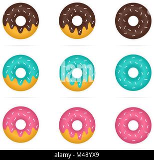 Vector set of colored donuts in realistic style. Pink, turquoise, brown doughnut, dessert and sweets Stock Vector