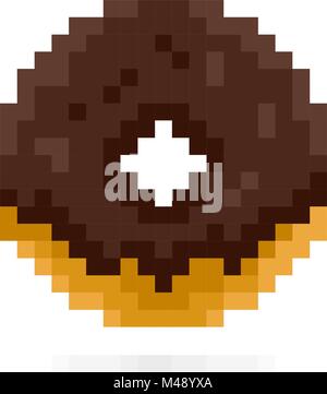 Chocolate donut in pixel style. Dessert and sweets 8 Bit art icon on white background Stock Vector