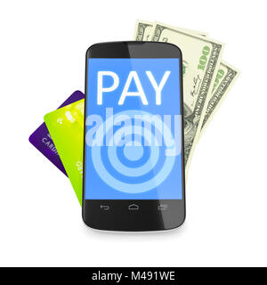 smartphone, dollar notes and credit cards for mobile payment Stock Photo