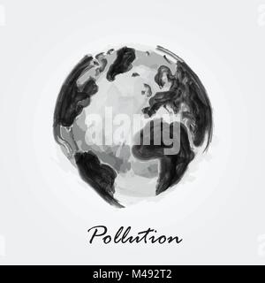 Pollution world . Watercolor painting design of world map . Ecological concept . Vector . Stock Vector