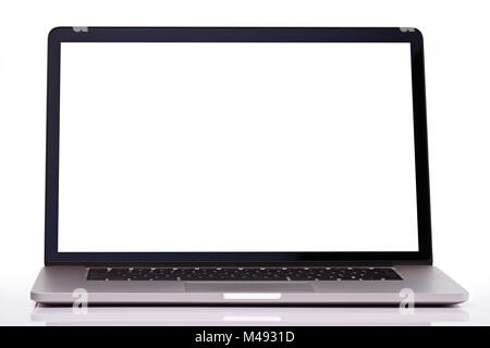 Open modern laptop isolated on white background. Empty laptop screen theme Stock Photo