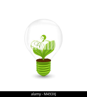 Lightbulb with green plant inside on green background Stock Photo - Alamy