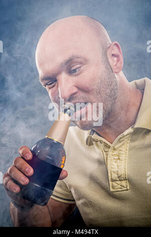 man emotionally open beer teeth Stock Photo