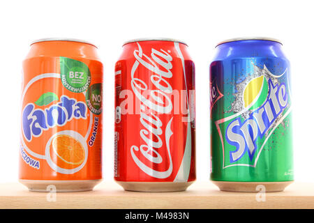 WARSAW, POLAND - MAY 20: Fanta, Coca-Cola and Sprite drinks on May 20, 2011 in Warsaw. The drinks are flag products of Coca Cola Company which had US$ Stock Photo