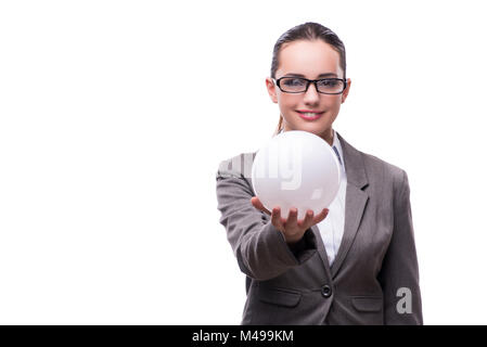 Woman holding crystall ball isolated on white Stock Photo