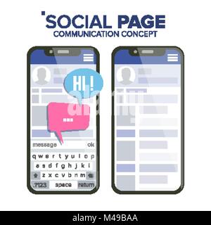 Social Page On Smartphone Vector. Speech Bubbles. Social Media App Interface. Isolated Illustration Stock Vector