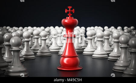 Red chess king standing among white pawns. 3D illustration. Stock Photo