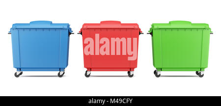 three color garbage containers isolated on white background Stock Photo