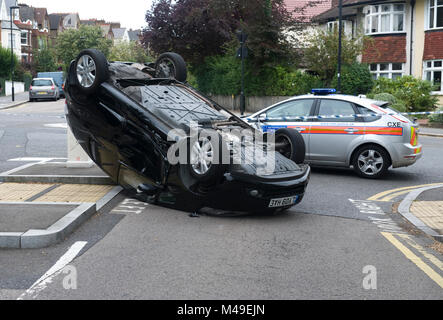 Road Traffic Accident involving upturned Honda Jazz car on Telford Avenue, SW2, Tooting Bec. 08/09/2011 Stock Photo
