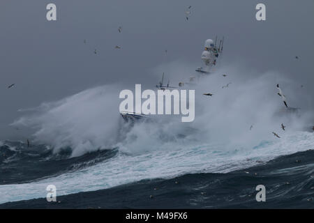 Fishing vessel 'Harvester' battling in a winter storm on the North Sea, February 2016. Property released. Stock Photo