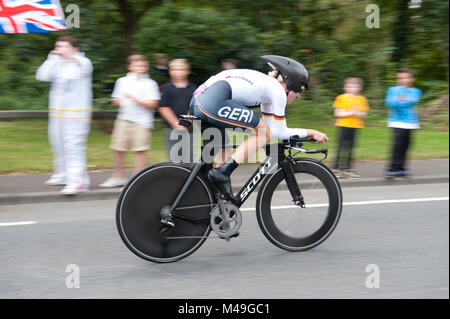 Olympics 2012. Women's Individual Time Trial. 01/08/12. Judith Arndt, riding for Germany, passing through Hersham, near Esher, Surrey, England. Stock Photo