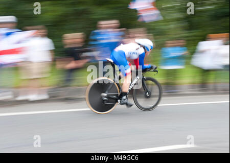 Olympics 2012. Women's Individual Time Trial. 01/08/12. Audrey Cordon, riding for France, passing through Hersham, near Esher, Surrey, England. Stock Photo