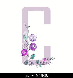 The capital letter from the alphabet is decorated with curly flowers. Watercolor illustration of botanical plants. Isolated image of outlined flowers  Stock Photo