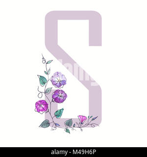 The capital letter from the alphabet is decorated with curly flowers. Watercolor illustration of botanical plants. Isolated image of outlined flowers  Stock Photo