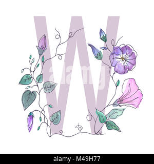 The capital letter from the alphabet is decorated with curly flowers. Watercolor illustration of botanical plants. Isolated image of outlined flowers  Stock Photo