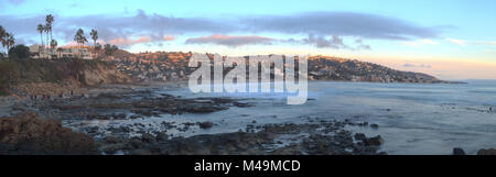 Panoramic sunset view of Main beach in Laguna Beach Stock Photo