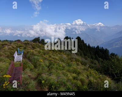 Dhaulagiri range from Poon Hill - one of the most visited Himalayan view points in Nepal, view to snow capped Himalaya, Annapurna Circuit, colorful be Stock Photo