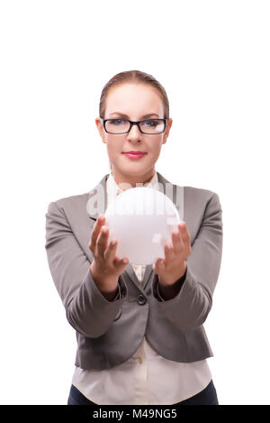 Woman holding crystall ball isolated on white Stock Photo