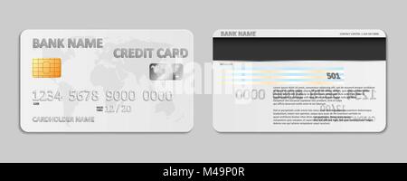 Realistic white bank credit card template isolated. Bank plastic credit card mockup with chip and world map for banking. Vector illustration Stock Vector