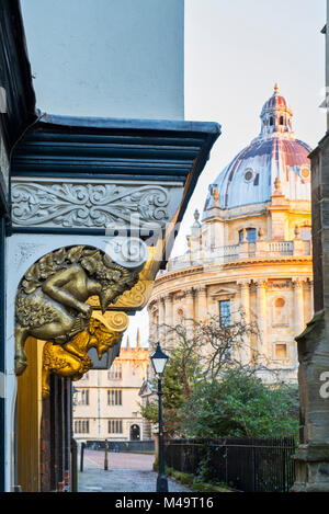 Faun Carvings above the aslan door into Brasenose College in St Mary's Passage in the early morning. Oxford, Oxfordshire, England Stock Photo