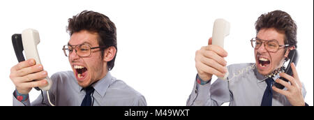 Angry call center employee in collage Stock Photo