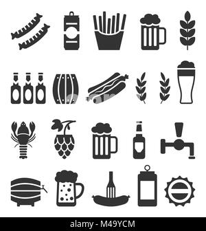 Black Icons of Beer and Snacks Isolated on White Background Stock Photo