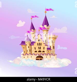 FairyTale cartoon castle. Cute cartoon castle. Fantasy flying island with fairy tale palace in clouds. Vector illustration Stock Vector