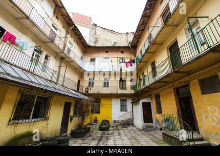 Typical courtyard in the old district of Lviv . Stock Photo