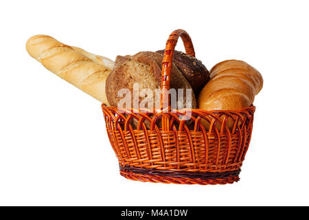 Wicker basket with assorted baking products isolated on white background. Stock Photo