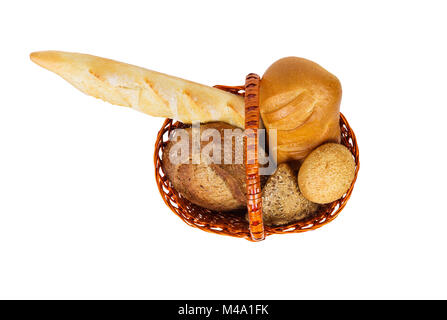 Various bread rolls in a basket isolateda white background. top view. Stock Photo