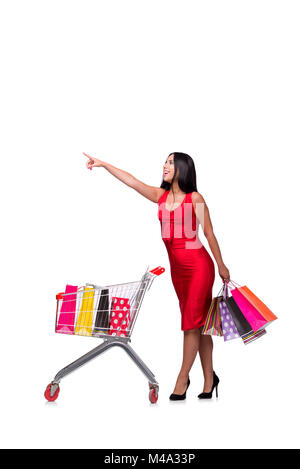 Woman in red dress after shopping isolated on white Stock Photo