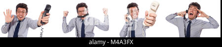 Angry call center employee in collage Stock Photo