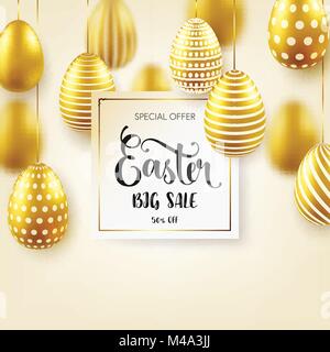 Easter golden egg with calligraphic lettering. Traditional spring holidays in April or March. Sunday. Eggs and gold. Big sale Stock Vector