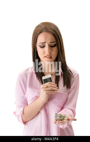Sad girl think about cost of repair smartphone Stock Photo