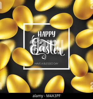 Easter golden egg with calligraphic lettering. Traditional spring holidays in April or March. Sunday. Eggs and gold. Big sale Stock Vector