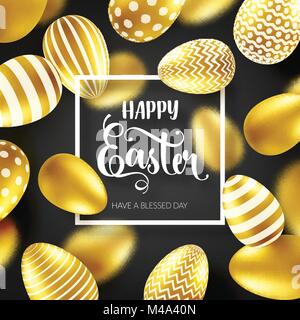 Easter golden egg with calligraphic lettering. Traditional spring holidays in April or March. Sunday. Eggs and gold. Big sale Stock Vector
