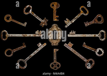 Set of old keys, isolated on black background Stock Photo