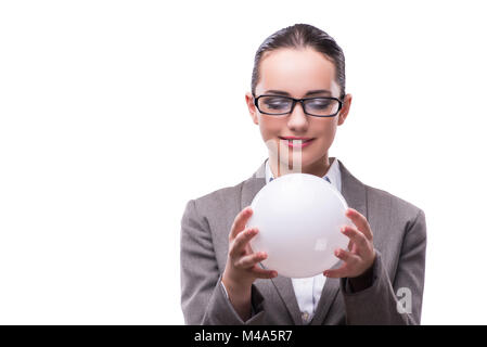 Woman holding crystall ball isolated on white Stock Photo