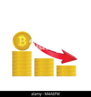 Bitcoin coins with red arrow Stock Vector