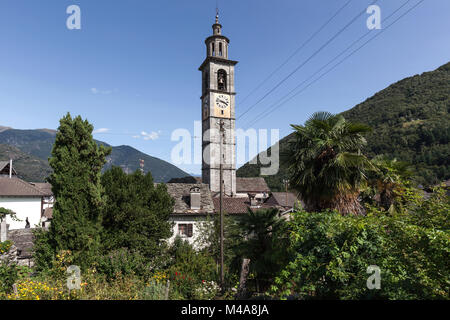 Parish Church of San Gottardo with highest church tower in Ticino,Intragna,Centovalli,Canton Ticino,Switzerland Stock Photo