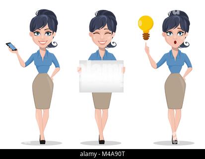 Business woman, set of three poses, holding smartphone, holding placard and having an idea. Beautiful businesswoman in formal clothes standing straigh Stock Vector