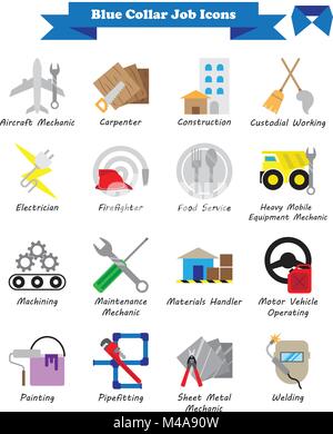 Vector Illustration Ready-To-Use 16 Colorful Blue Collar Job Flat Icons Designed as Multiple Professions Involved In Worker, Labor,Skill, Technical Stock Vector